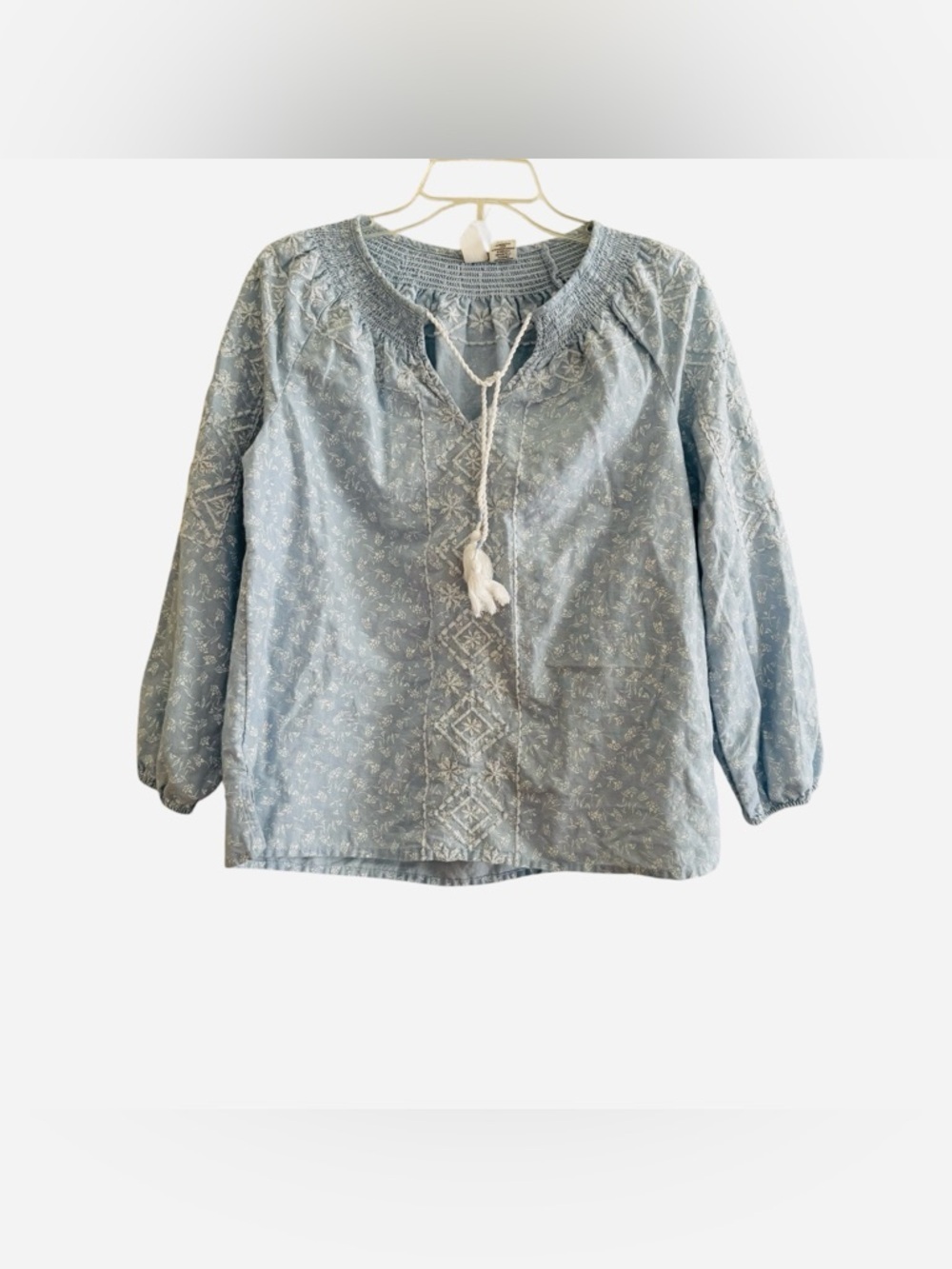 Joie Powder Blue Embroidered Peasant Tunic Tassel Embroidered Linen Blend S